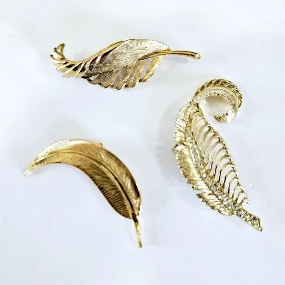 Vintage Set of 3 Gold Tone Rhinestone Signed Gerry's Leaf Themed Brooches Pins - Picture 2 of 12